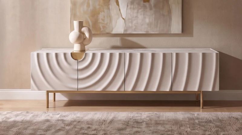 KAWOLA Lowboard FREEDA 4 Türen TV-Board Wellen-Relief weiß