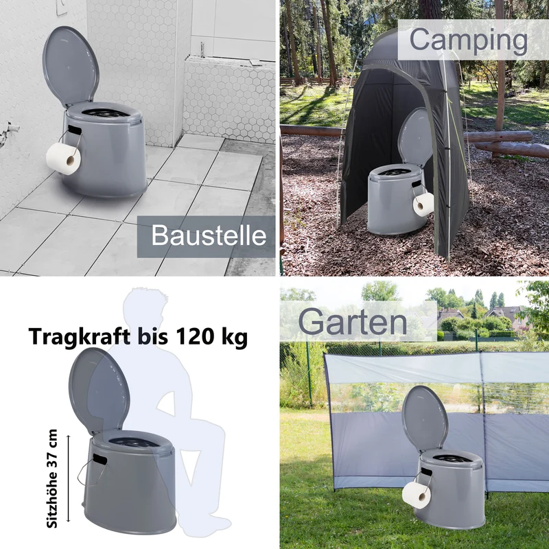 Mobile Campingtoilette mit herausnehmbaren Eimer - bis 120kg Sitzhöhe 37cm Camping Nottoilette Mobile Toilettenbeutel klappbar Toilettenstuhl WC Garten Zelt Pool Baustelle