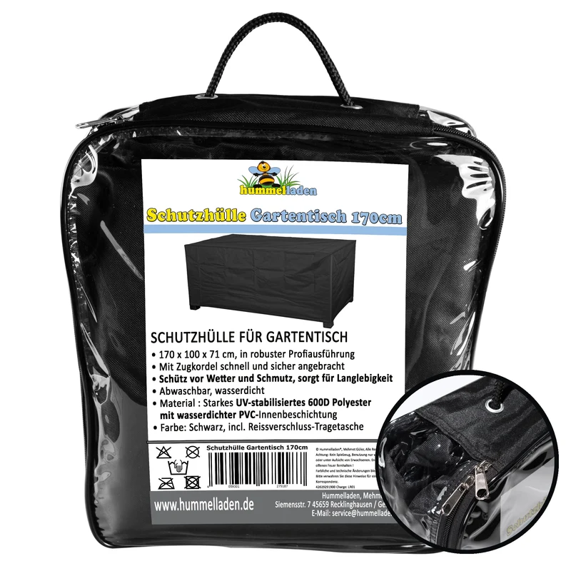 Schutzhülle für rechteckigen Gartentisch - 170 x 100 x 71 - schwarz - 600D Polyester wasserdicht - Abdeckung Tisch