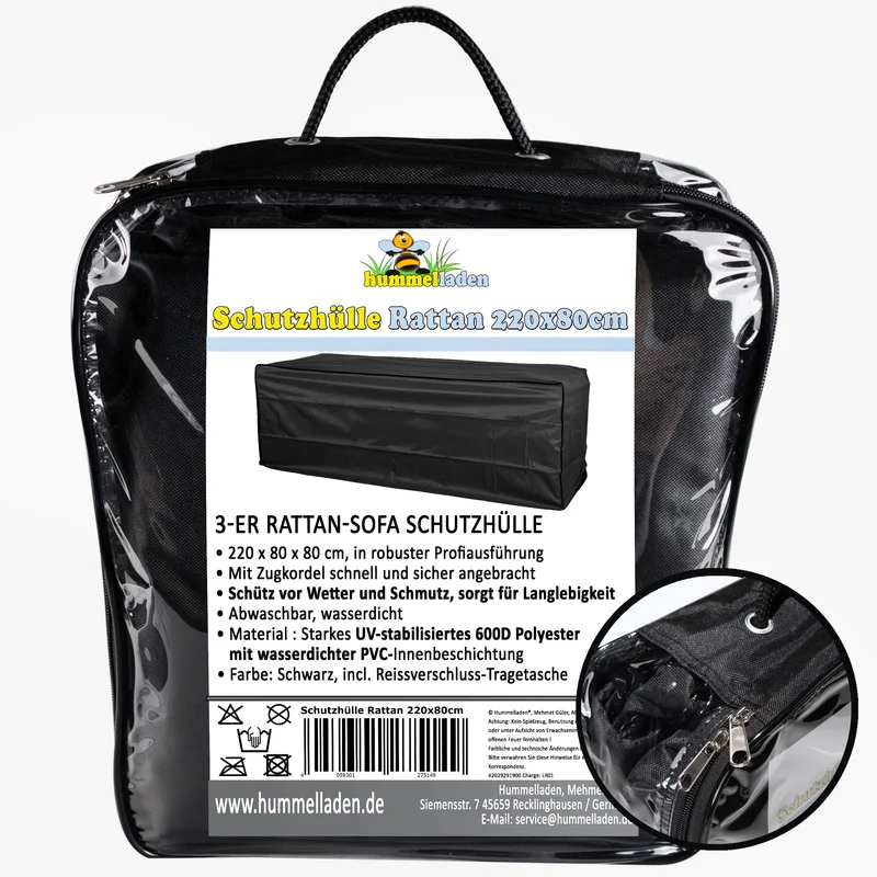 Schutzhülle für Rattan 3 Sitzer Sofa Bank - 220 x 80 x 80 cm - schwarz - 600D Polyester wasserdicht - Abdeckung Gartenbank