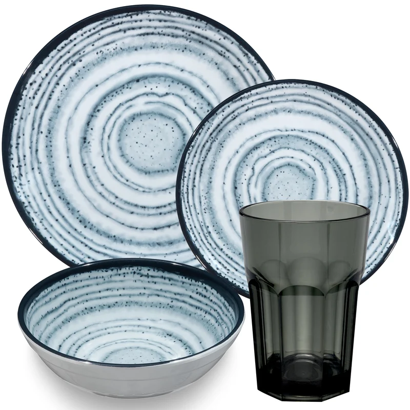 Melamin Geschirr Set Blau Schiefer für 4 Personen - 16 Teile - mit grauen Trinkgläsern 400 ml - Steingutoptik Spülmaschinengeeignet Essgeschirr Campingzubehör Campinggeschirr Wohnwagen Camping