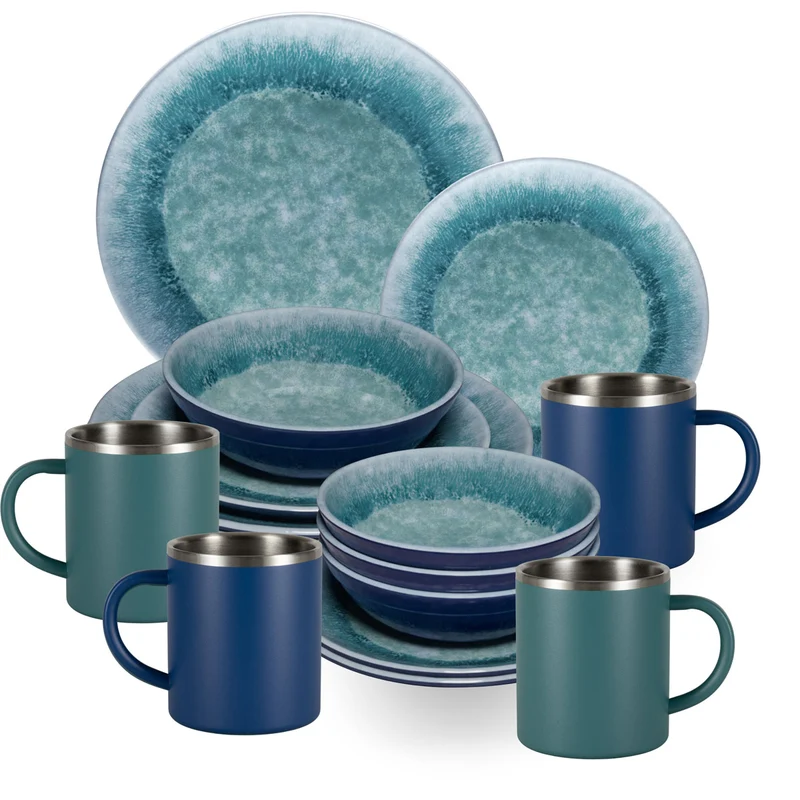 Melamin Geschirr Set Adria Blue für 4 Personen - 16 Teile Blau - mit Edelstahl Thermo Tassen Steingutoptik Essgeschirr Campingzubehör Campinggeschirr Wohnwagen Camping Festival Picknick Gaertenparty