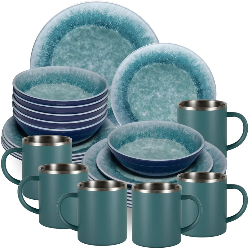 Melamin Geschirr Set Adria Blue für 6 Personen - 24 Teile Blau - mit Edelstahl Thermo Tassen Steingutoptik Essgeschirr Campingzubehör Campinggeschirr Wohnwagen Camping Festival Picknick Gartenparty