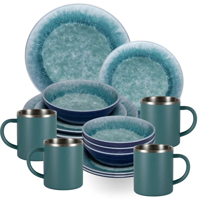 Melamin Geschirr Set Adria Blue für 4 Personen - 16 Teile Blau - mit Edelstahl Thermo Tassen Steingutoptik Essgeschirr Campingzubehör Campinggeschirr Wohnwagen Camping Festival Picknick Gartenparty