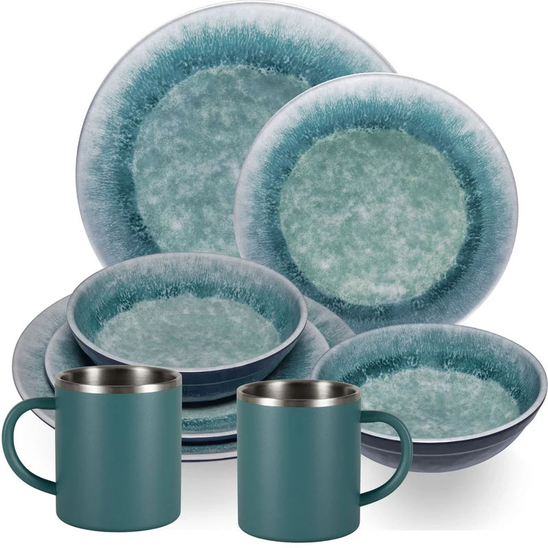 Melamin Geschirr Set Adria Blue für 2 Personen - 8 Teile Blau - mit Edelstahl Thermo Tassen Steingutoptik Essgeschirr Campingzubehör Campinggeschirr Wohnwagen Camping Festival Picknick Gartenparty