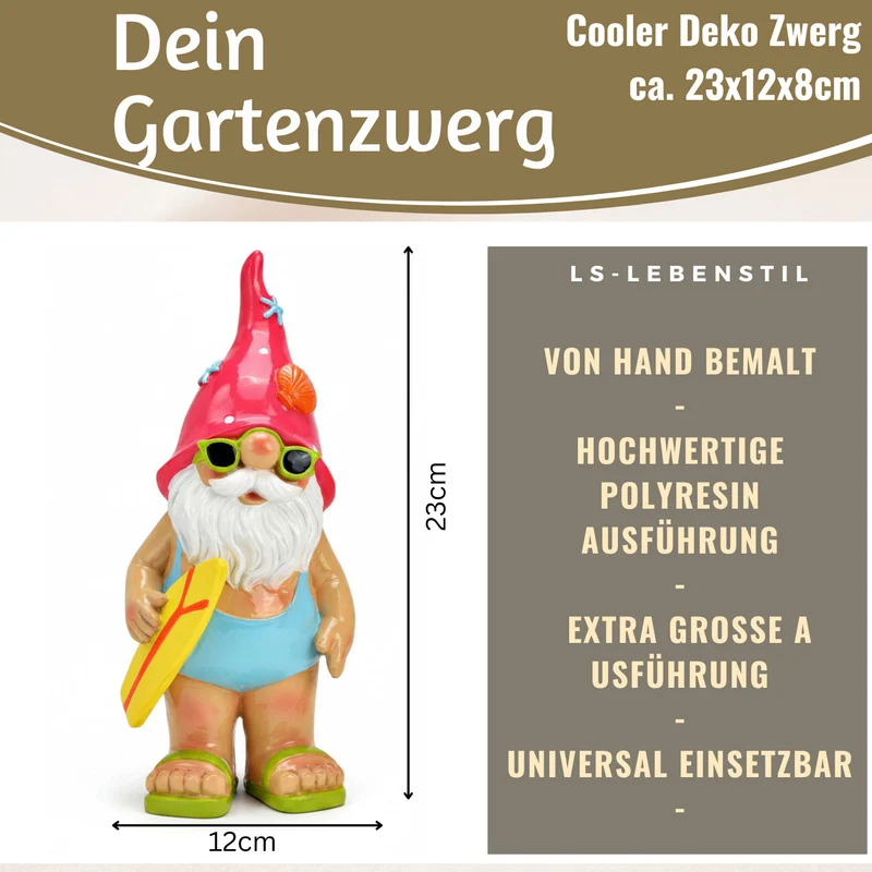 XL Deko Figur Gartenzwerg Surfer 23cm Gnom Skulptur Gartenstatue Statue Objekt