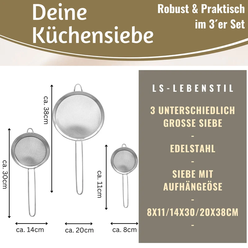 Edelstahl Siebe 3´er Set 8cm 14cm 20cm Küchensiebe mit Aufhängeösen