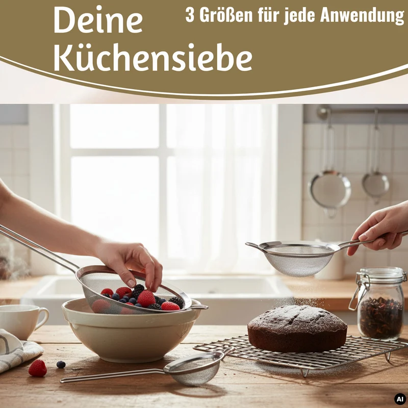 Edelstahl Siebe 3´er Set 8cm 14cm 20cm Küchensiebe mit Aufhängeösen
