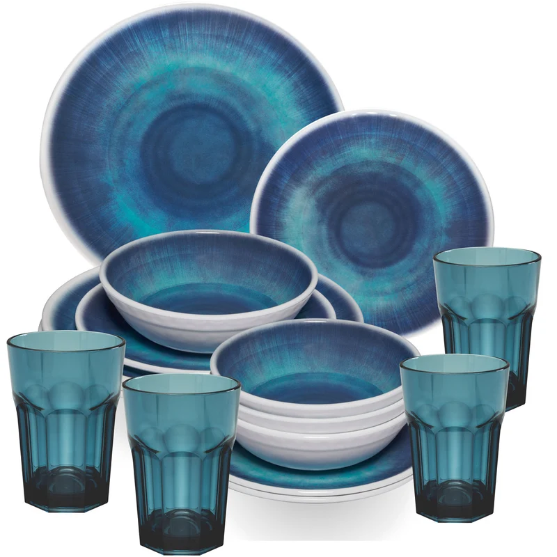 Melamin Geschirr Set Jesolo Blau für 4 Personen - 16 Teile - mit farblich passenden Trinkgläsern 400ml aus Acryl Campinggeschirr