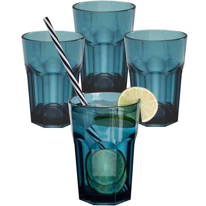Melamin Geschirr Set Jesolo Blau für 4 Personen - 16 Teile - mit farblich passenden Trinkgläsern 400ml aus Acryl Campinggeschirr