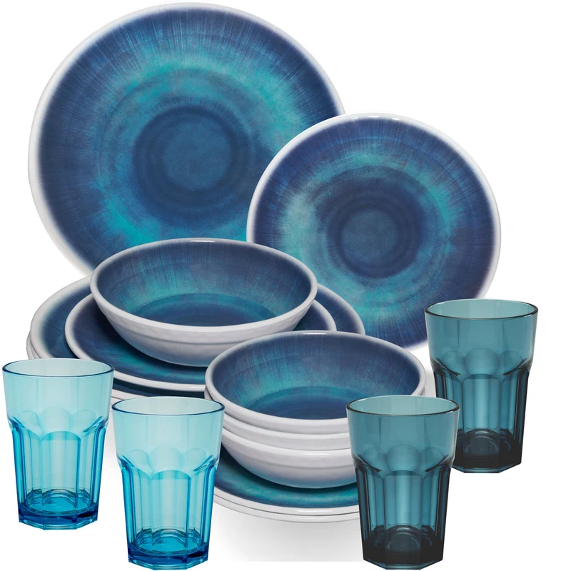 Melamin Geschirr Set Jesolo Blau für 4 Personen - 16 Teile - mit farblich passenden Trinkgläsern 400ml aus Acryl Campinggeschirr