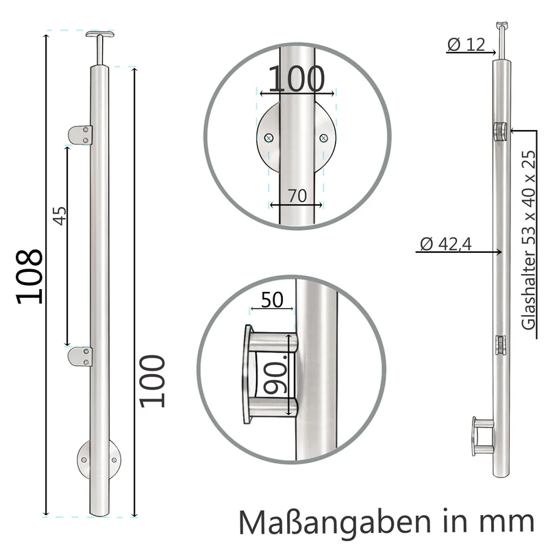 Edelstahl Geländerpfosten Endpfosten links mit Glashalter 10mm und Handlauf-Träger - 42,4mm - Wangemontage V2A - seitliche Montage vormontiert - Glasgeländer Geländerstützen Pfosten Zaunpfosten aussen