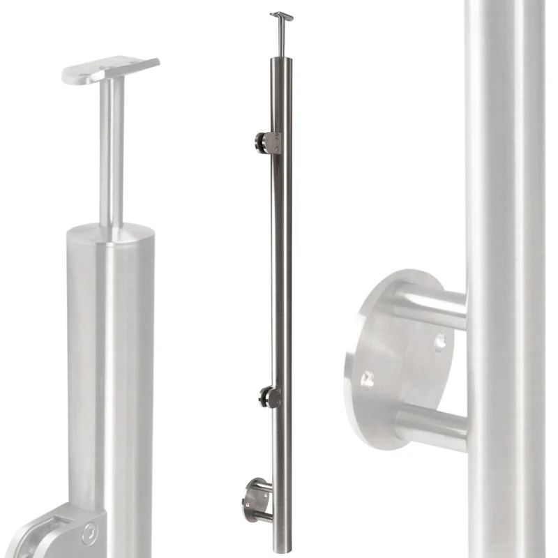 Edelstahl Geländerpfosten Endpfosten links mit Glashalter 6mm und Handlauf-Träger - 42,4mm - Wangemontage V2A - seitliche Montage vormontiert - Glasgeländer Geländerstützen Pfosten Zaunpfosten aussen