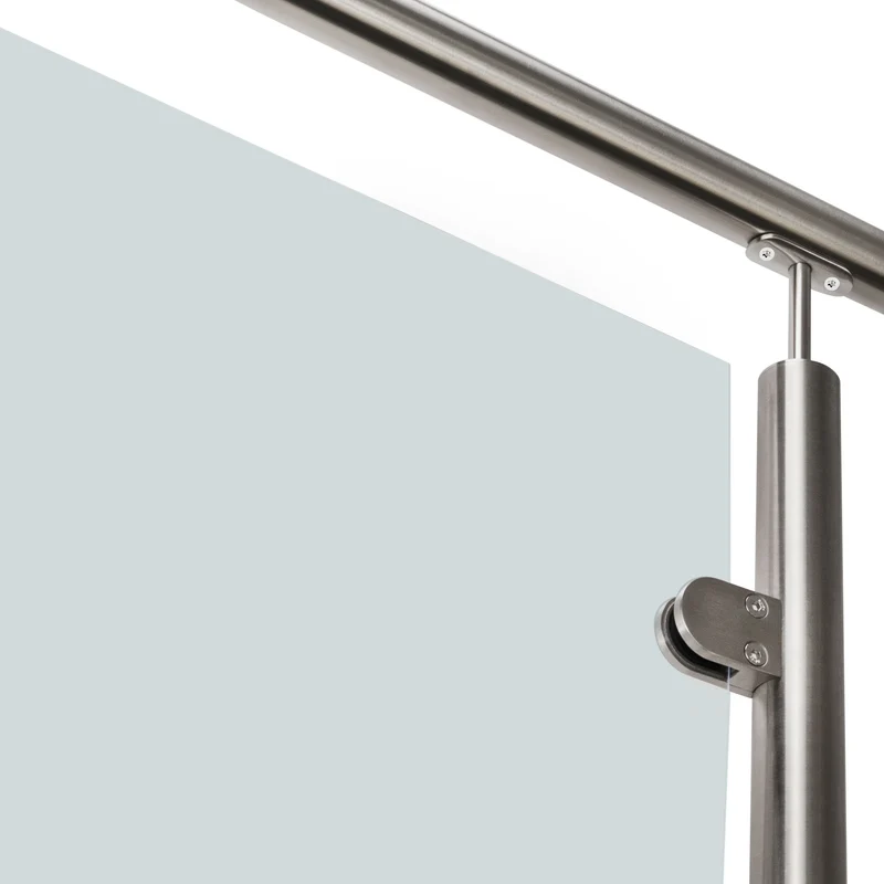 Edelstahl Geländerpfosten Endpfosten links mit Glashalter 6mm und Handlauf-Träger - 42,4mm - Wangemontage V2A - seitliche Montage vormontiert - Glasgeländer Geländerstützen Pfosten Zaunpfosten aussen