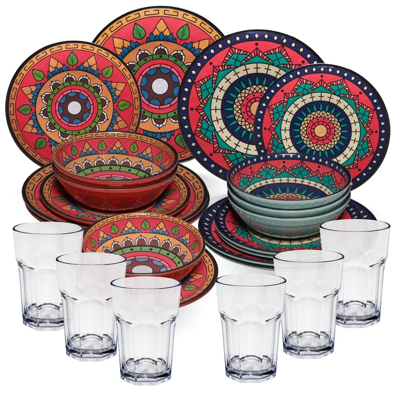 Melamin Geschirr Set Toskana Deep für 6 Personen - 24 Teile Rot-Grün - Mandala-Optik mit klaren Trinkgläsern 400 ml Essgeschirr Campinggeschirr