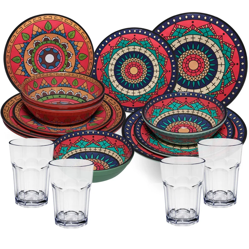 Melamin Geschirr Set Toskana Deep für 4 Personen - 16 Teile Rot-Grün - Mandala-Optik mit klaren Trinkgläsern 400 ml Campinggeschirr