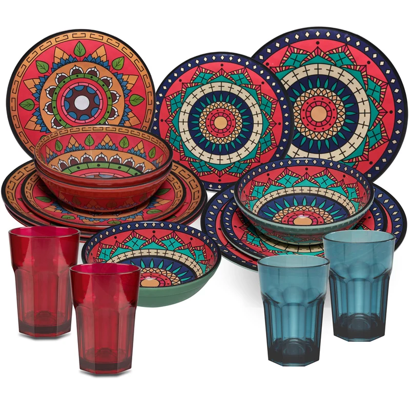 Melamin Geschirr Set Toskana Deep für 4 Personen - 16 Teile Rot-Grün - Mandala-Optik mit farblich passenden Trinkgläsern 400 ml Campinggeschirr