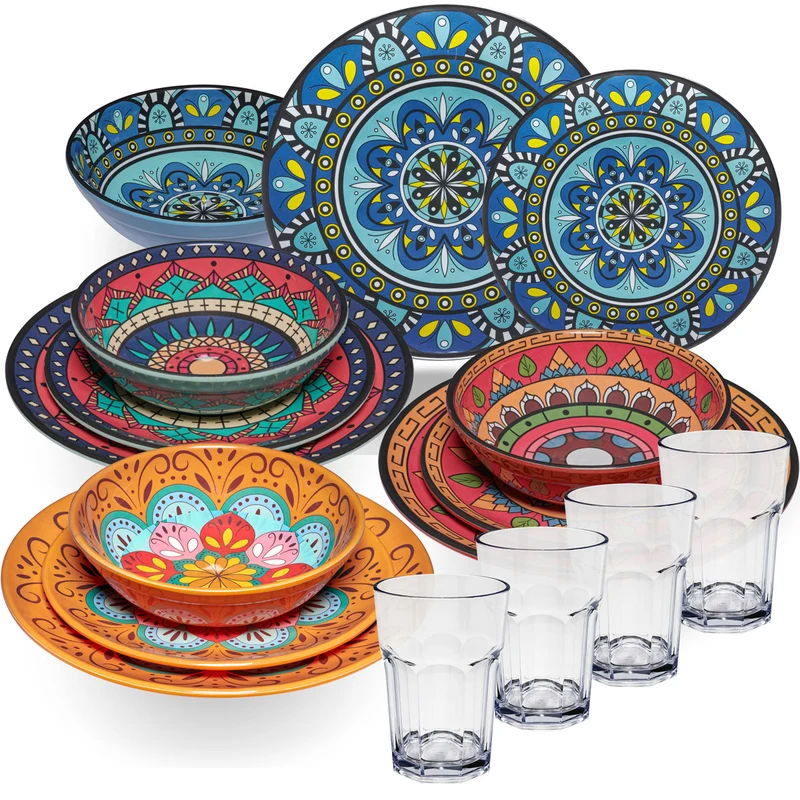Melamin Geschirr Set Toskana für 4 Personen - 16 Teile - BUNT - Mandala-Optik mit klaren Trinkgläsern 400 ml aus Acryl Campinggeschirr