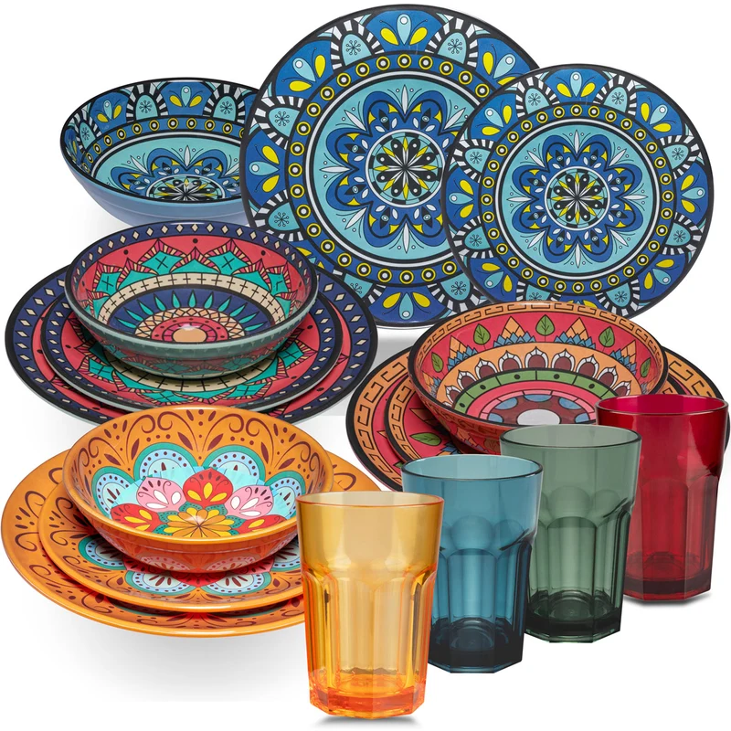 Melamin Geschirr Set Toskana für 4 Personen - 16 Teile - BUNT - Mandala-Optik mit farblich passenden Trinkgläsern 400 ml aus Acryl Campinggeschirr