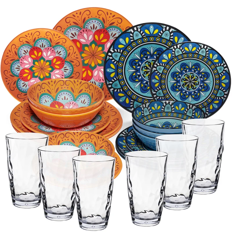 Melamin Geschirr Set Toskana Pastel für 6 Personen - 24 Teile - Orange-Blau - Mandala-Optik mit klaren Trinkgläsern 460 ml aus Acryl Spülmaschinengeeignet Campinggeschirr
