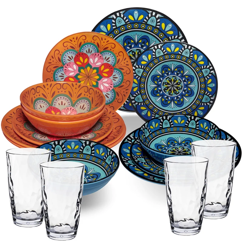 Melamin Geschirr Set Toskana Pastel für 4 Personen - 16 Teile - Orange-Blau - Mandala-Optik mit klaren Trinkgläsern 460 ml aus Acryl Campinggeschirr