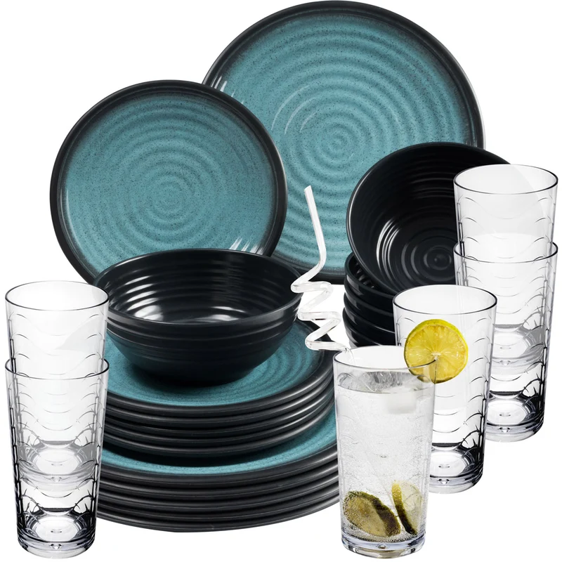 Melamin Geschirr Set 24 Teile elegante Steingut Optik in blau mit Wasserglas 260ml klar - für 6 Personen Essgeschirr Gläser Wasserglas Tumbler Whiskey Campinggeschirr Picknick ideal Camping Outdoor