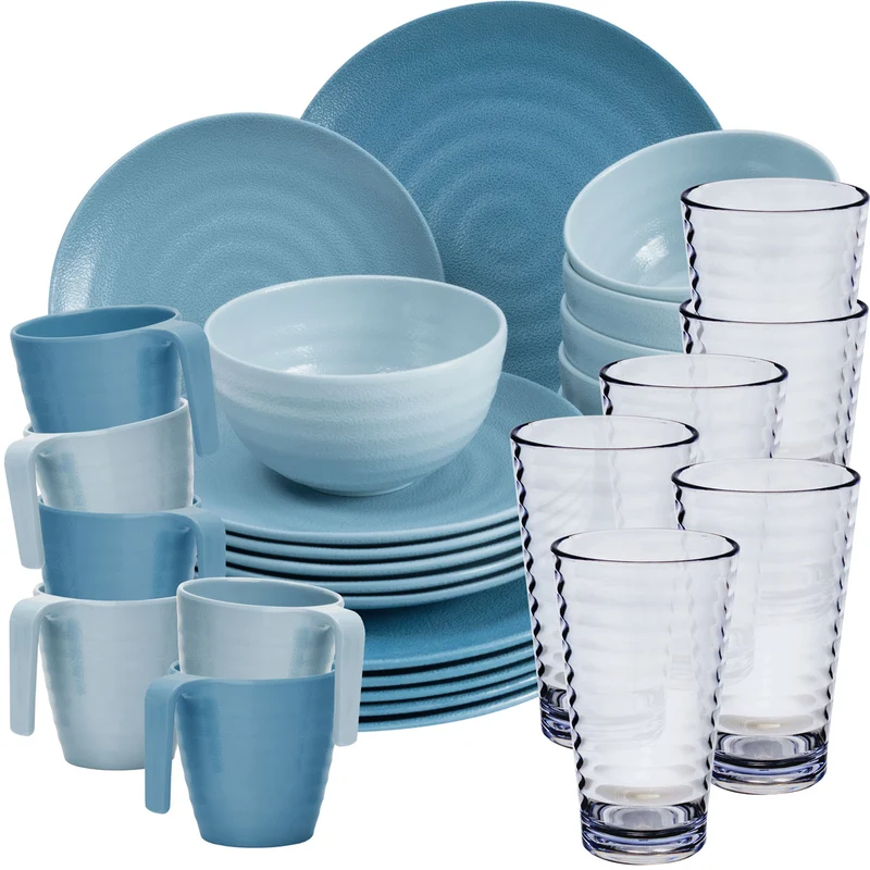 Melamin Geschirr Set 30 Teile elegante Steingut Optik in blau mit Wasserglas 400ml klar - für 6 Personen Essgeschirr Gläser Wasserglas Tumbler Whiskey - Campinggeschirr Picknick ideal Camping modern Outdoor