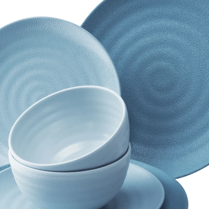 Melamin Geschirr Set 30 Teile elegante Steingut Optik in blau mit Wasserglas 400ml klar - für 6 Personen Essgeschirr Gläser Wasserglas Tumbler Whiskey - Campinggeschirr Picknick ideal Camping modern Outdoor
