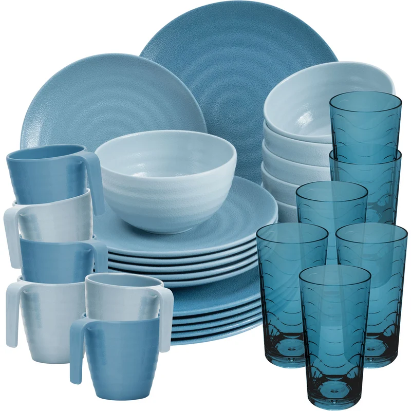 Melamin Geschirr Set 30 Teile elegante Steingut Optik in blau mit Wasserglas 260ml blau - für 6 Personen Essgeschirr Gläser Wasserglas Tumbler Whiskey - Campinggeschirr Picknick ideal Camping modern Outdoor