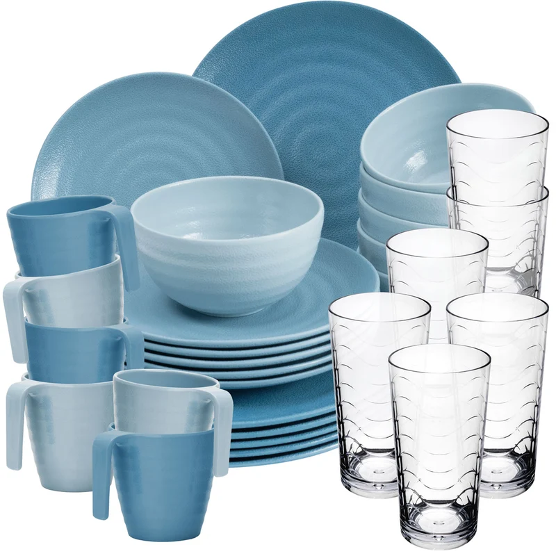 Melamin Geschirr Set 30 Teile elegante Steingut Optik in blau mit Wasserglas 260ml klar - für 6 Personen Essgeschirr Gläser Wasserglas Tumbler Whiskey - Campinggeschirr Picknick ideal Camping modern Outdoor