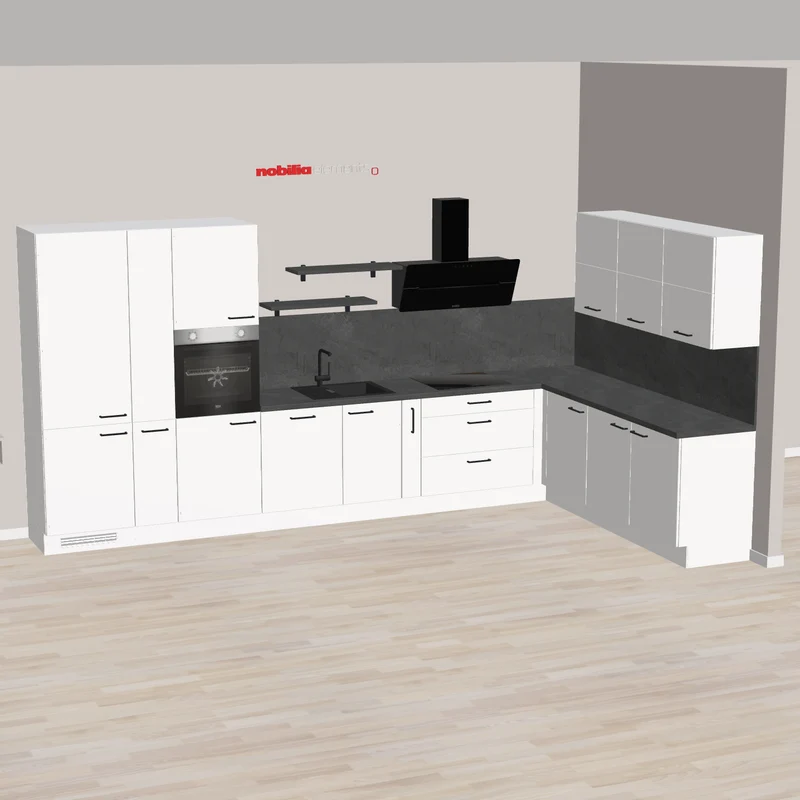 nobilia Moderne L-Küche Ettlingen 425 x 252 cm Weiß graue Arbeitsplatte Ausstattung wie Apotheker Hochschrank