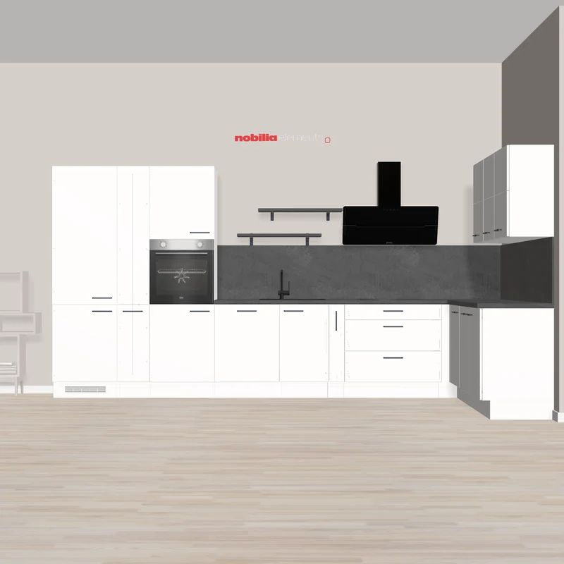 nobilia Moderne L-Küche Ettlingen 425 x 252 cm Weiß graue Arbeitsplatte Ausstattung wie Apotheker Hochschrank