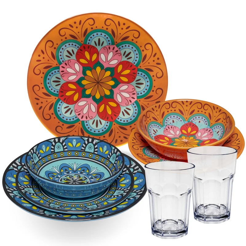 Melamin Geschirr Set Toskana Pastel für 2 Personen - 8 Teile - Orange-Blau - Mandala-Optik mit klaren Trinkgläsern 400 ml aus Acryl Campinggeschirr