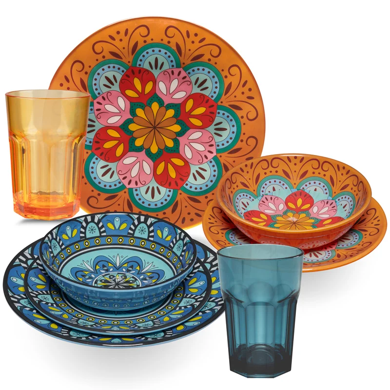 Melamin Geschirr Set Toskana Pastel für 2 Personen - 8 Teile - Orange-Blau - Mandala-Optik mit farblich passenden Trinkgläsern 400 ml aus Acryl Campinggeschirr