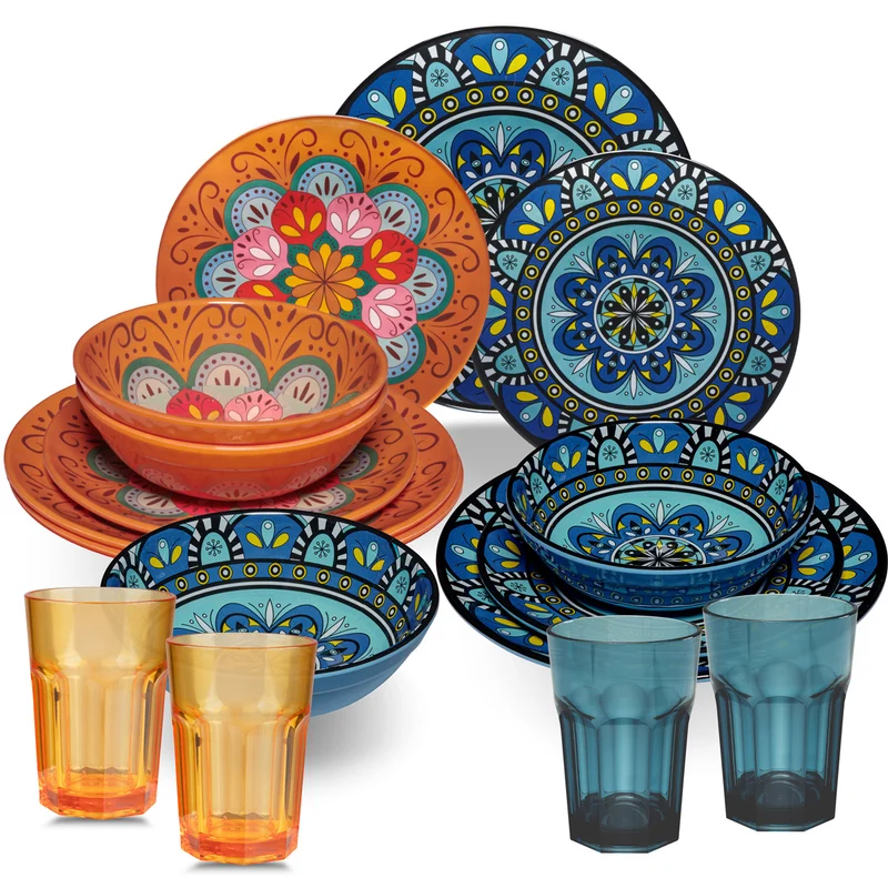 Melamin Geschirr Set Toskana Pastel für 4 Personen - 16 Teile - Orange-Blau - Mandala-Optik mit farblich passenden Trinkgläsern 400 ml aus Acryl Campinggeschirr