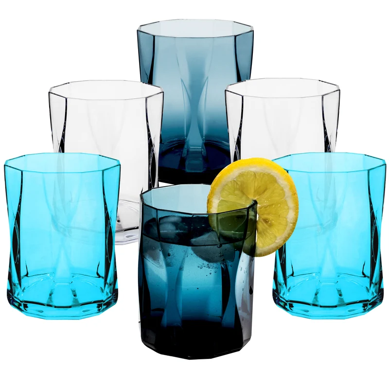 Melamin Geschirr Set Adria Blue für 6 Personen - 24 Teile Blau - mit farblich passenden Trinkgläsern 300 ml aus Acryl Steingutoptik Campinggeschirr
