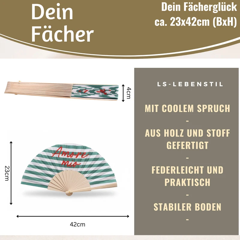 Handfächer Holz Stoff Fächer "Amore Mio" Grün Weiß Rot faltbar Faltfächer