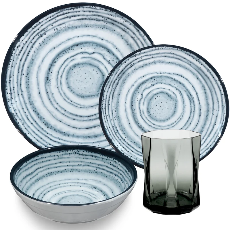 Melamin Geschirr Set Blau Schiefer für 2 Personen - 8 Teile - mit grauen Trinkgläsern 300 ml - Steingutoptik Spülmaschinengeeignet Essgeschirr Campingzubehör Campinggeschirr Wohnwagen Camping