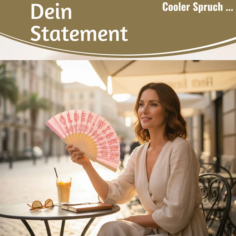 Handfächer Holz Stoff Fächer "Older Wiser Hotter" Pink Rot faltbar Faltfächer