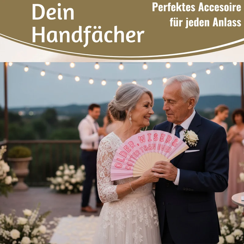 Handfächer Holz Stoff Fächer "Older Wiser Hotter" Pink Rot faltbar Faltfächer