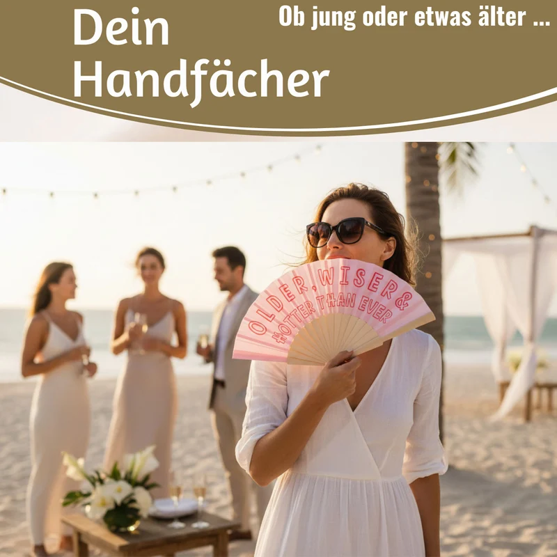 Handfächer Holz Stoff Fächer "Older Wiser Hotter" Pink Rot faltbar Faltfächer