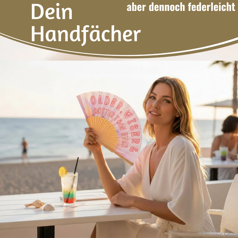 Handfächer Holz Stoff Fächer "Older Wiser Hotter" Pink Rot faltbar Faltfächer