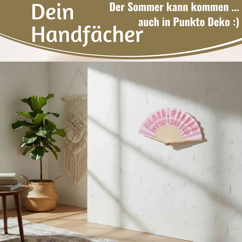 Handfächer Holz Stoff Fächer "Older Wiser Hotter" Pink Rot faltbar Faltfächer