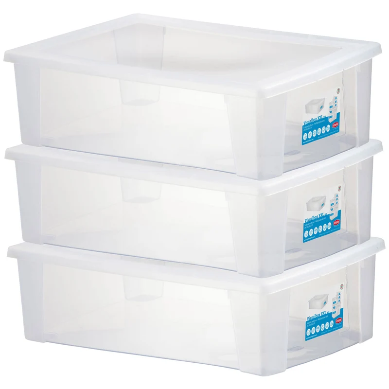 3 x Unterbettkommode - Aufbewahrungsbox mit Deckel 30 Liter 59x39x17 cm transparent stapelbar LEBENSMITTELECHT - Kunststoff Box Kiste - Plastik Behälter Organizer Büro Haushalt Küche Kinderzimmer