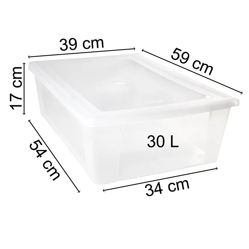 UNTERBETTKOMMODE - Aufbewahrungsbox mit Deckel 30 Liter 59x39x17 cm transparent stapelbar LEBENSMITTELECHT - Kunststoff Box Kiste - Plastik Behälter Organizer Büro Haushalt Küche Kinderzimmer