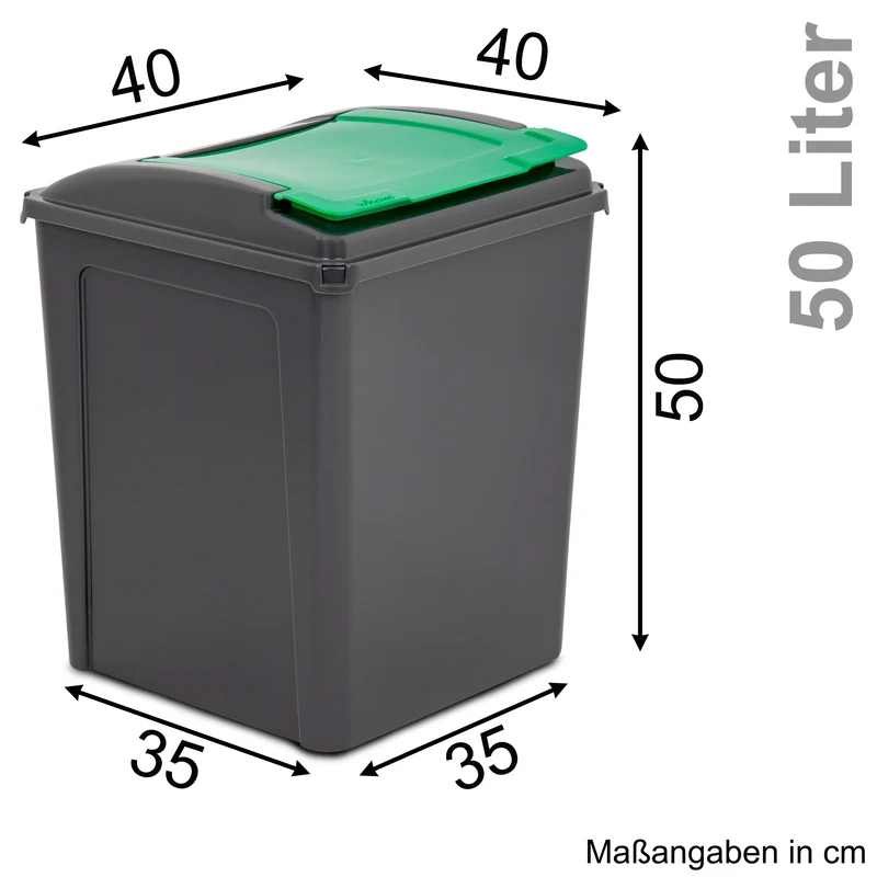 4x 50 Liter Mülltonne Schwarz-Gelb-Blau-Grün-Rot Recyclingtonne 40x40x50cm mit abnehmbarem Klappdeckel - Küche Mistkübel Trash Bin Gelber Sack Groß Küchenabfalleimer Papiermülleimer