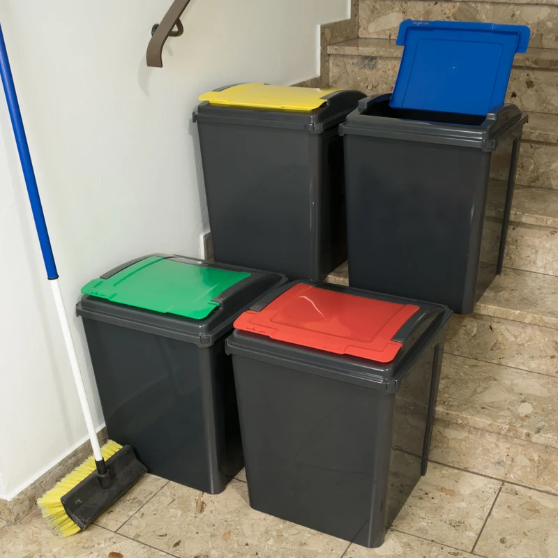 4x 50 Liter Mülltonne Schwarz-Gelb-Blau-Grün-Rot Recyclingtonne 40x40x50cm mit abnehmbarem Klappdeckel - Küche Mistkübel Trash Bin Gelber Sack Groß Küchenabfalleimer Papiermülleimer