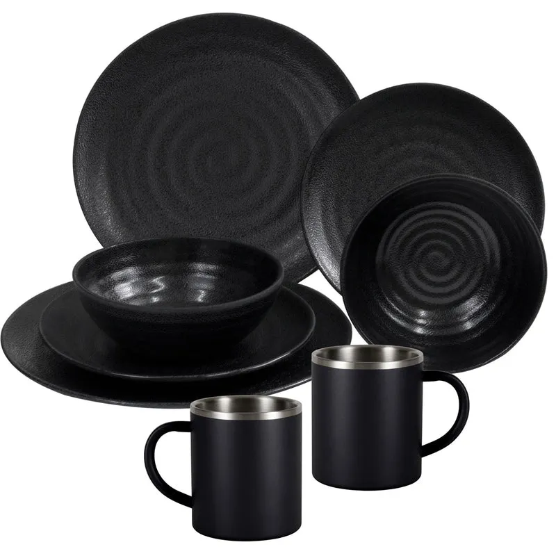 Melamin Geschirr Set Schwarz für 2 Personen 8 Teile mit Edelstahl Thermo Tassen doppelwandig - Essgeschirr - Campinggeschirr Picknick ideal für Camping modern Outdoor