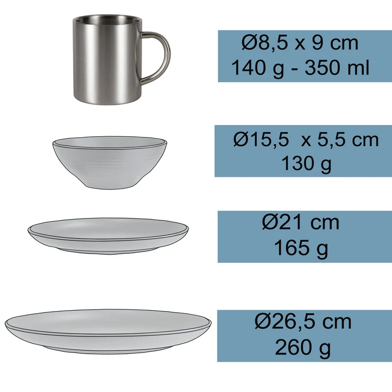 Melamin Geschirr Set Schwarz für 6 Personen 24 Teile mit Edelstahl Thermo Tassen doppelwandig - Essgeschirr - Campinggeschirr Picknick ideal für Camping modern Outdoor