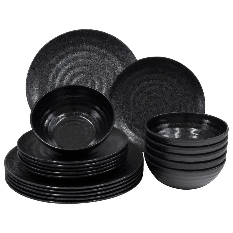 Melamin Camping Geschirr Set für 6 Personen Steingut Optik schwarz - 18 Teile - mit Tellern und Schälchen Campinggeschirr